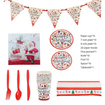 

Merry Christmas Disposable Tableware Cute Printed Paper Plates Cups Straws for Christmas New Year Party Tableware Decor Supplies