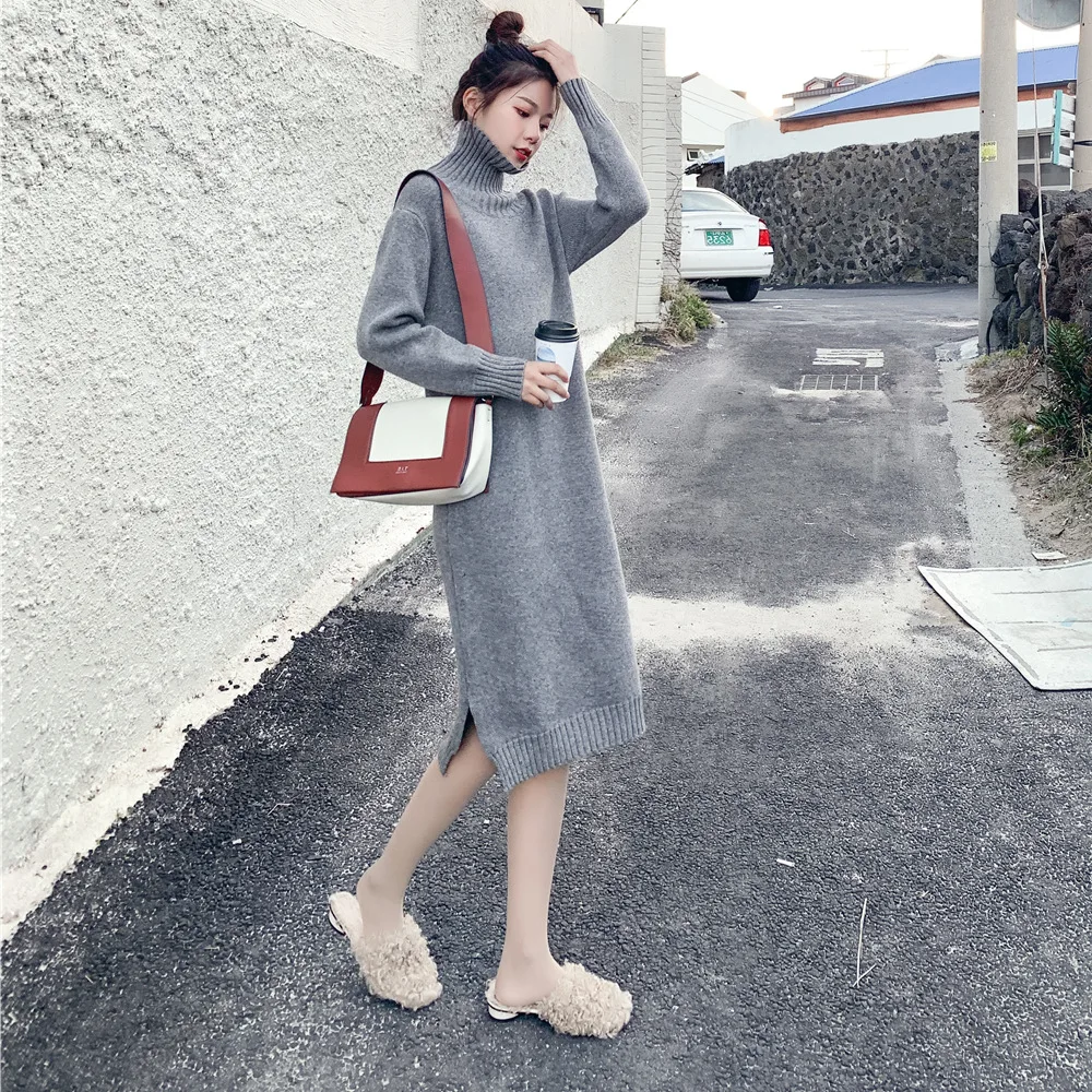 

Photo Shoot 2018 Autumn And Winter New Style Retro Fashion CHIC-Style Long High Collar Dress Sweater Women's Knitted Underwear