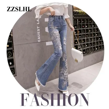 

2020 New Elegance Personality Female Jeans Fashion Beaded Flower Wide-leg Pants High Waist Was Thin Hole Trousers Jeans