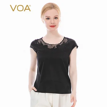 

VOA Satin 19mm Stretch Silk Fluted Collar Shoulder Bag Short Sleeve Cutout Lace Stitching Skin-Friendly Smooth T-shirt B03