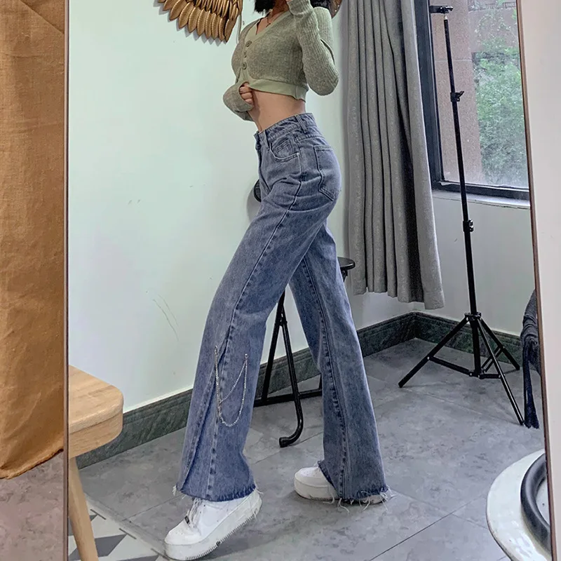 

NCLAGEN Women's Jeans Stylish High Waist Chains Patchwork Flare Pants Streetwear Female High Waist Denim Trousers Casual Capris