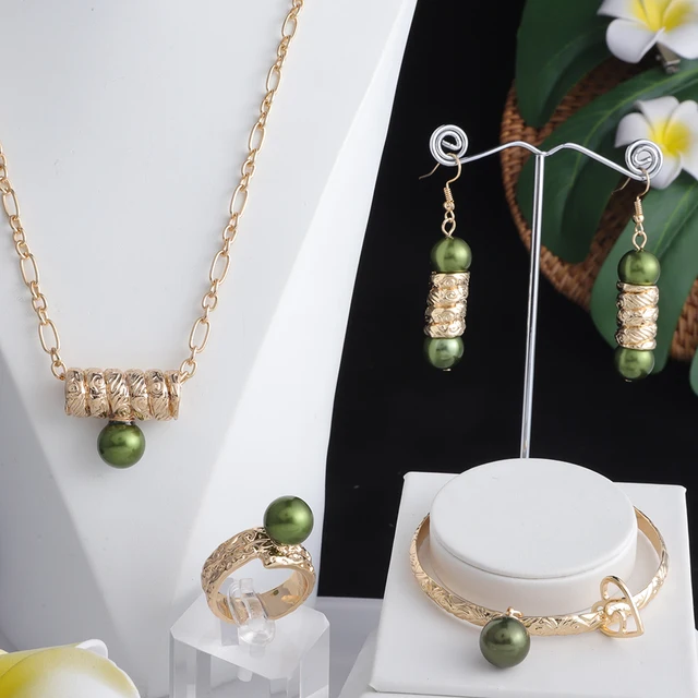 Cring Coco Hawaiian 4 PCS Jewelry Sets Gold Filled Colorful Pearl Bangles Bracelet Earing Sets Women Drop Earrings for Mother green