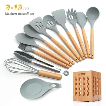 

Silicone Cooking Utensils 11/12/13Pcs Kitchen Utensil Set Non-stick Spatula Wooden Handle with Storage Box Kitchen Tools Gray