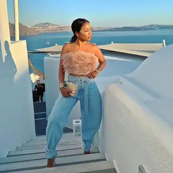 

Women Bodycon High Waist Denim Pants Blue Streetwear Fashion Slim Fit Plus Size Trousers Pockets Belt Harem Pants