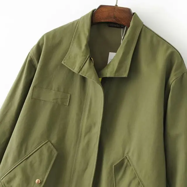 Модная женская куртка Za с вышивкой ArmyGreen, Женская куртка с карманами на молнии, модное повседневное осеннее Женское пальто средней длины, верхняя одежда