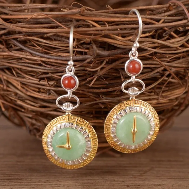 

Sterling Silver Earrings Luck Jadeite Circle Dangle Earrings 43x16mm Gift For Women / Fine Jewelry