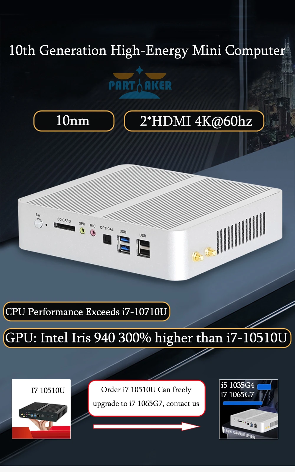 Elevate your gaming experience with Partaker Mini PC, featuring Intel Core i7 1065G7, i5 1035G4, 2 RAM Slots supporting up to 64GB DDR4 RAM, 2 HDMI2.0, 2 LAN, and 8 USB ports. Description Image.This Product Can Be Found With The Tag Names Barebone Mini PC, Computer Office, Mini pc