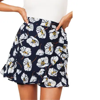 

Retro Slim Ruffled Irregular Skirt Flower Print High Waist Skirt Side Lace Up Short Skirt Rk