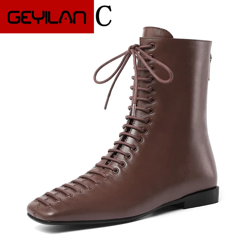 

Women's Boots Ankle Boots Women Genuine Leather Autumn Winter Botas Platform Short Booties Female Rivets Studded Martin Boot 37