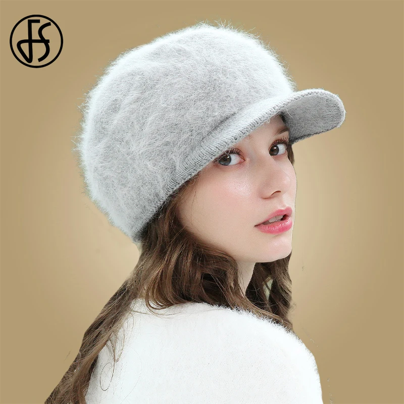 Gray FS женская зимняя теплая шапка из кроличьей шерсти, Элегантные повседневные береты бежевого, розового цвета, шерстяная шапка для молодых девушек - Цвет: Gray