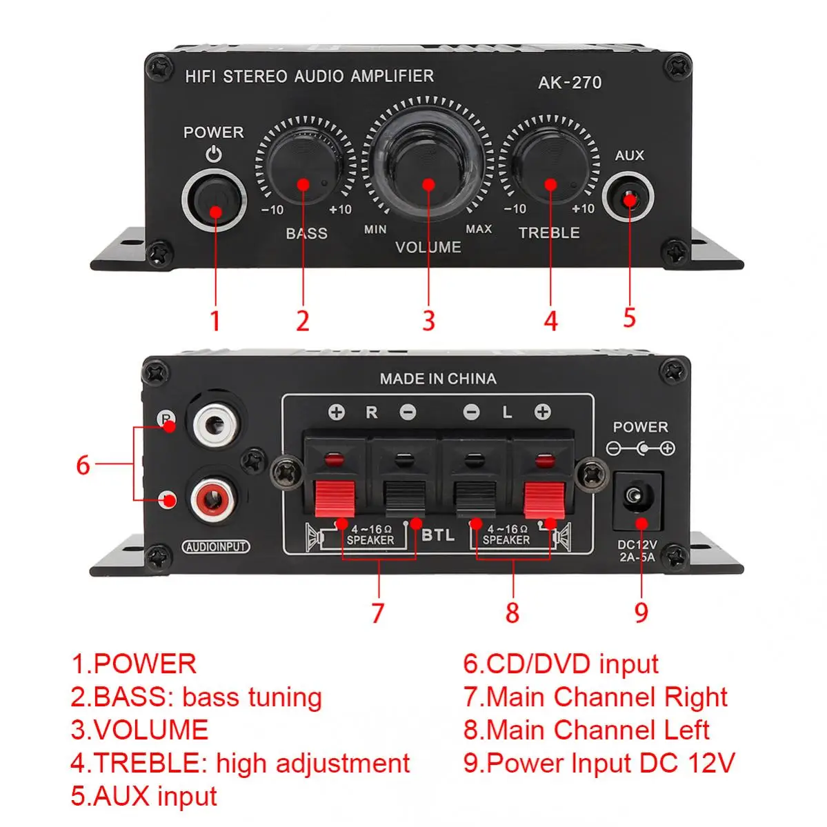 2 x 20W Power Amplifier Audio Karaoke Home Theater Amplifier 2 Channel Bluetooth-compatible Class D USB/SD AUX Input