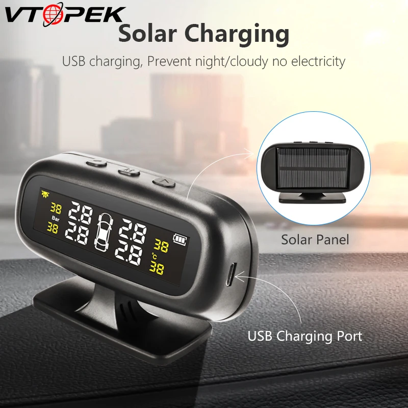 

Vtopek Tire Pressure Monitoring System TPMS Car 4 Sensor Windshield Solar or USB Digital LCD Wireless Security Alarm