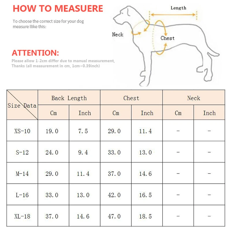Soft Dog Clothes Size Chart