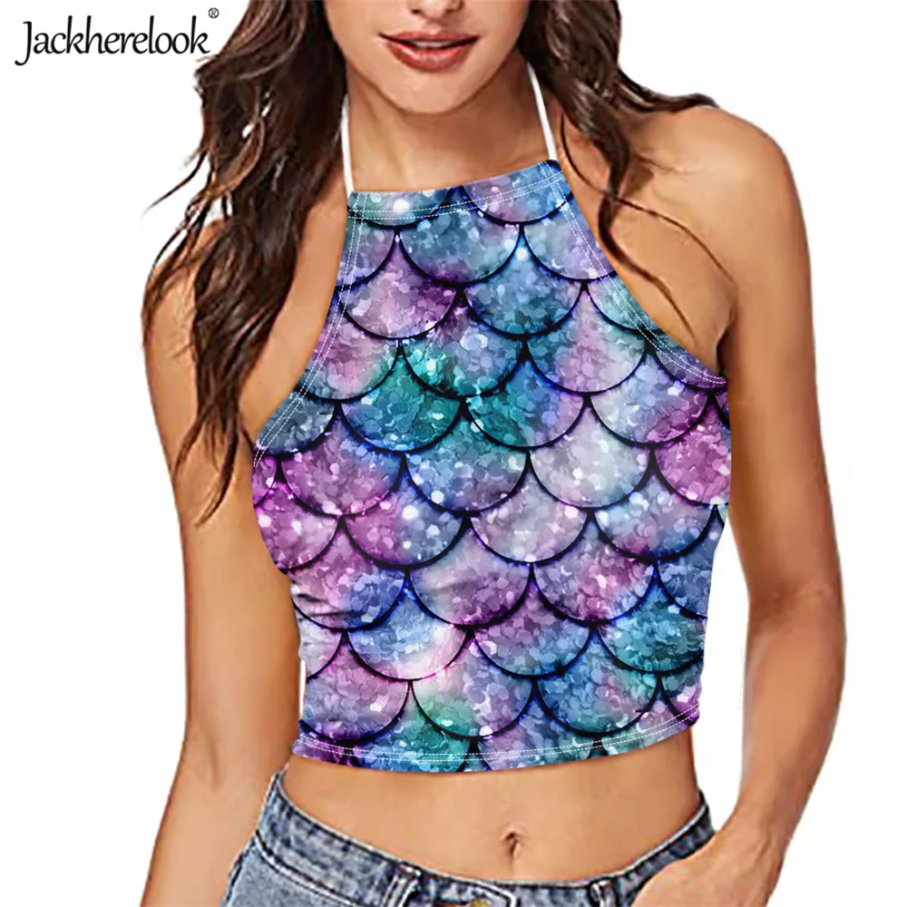 Jackherelook Mermaid Tail Pattern Summer Spaghetti Strap Breathable Vest Tank Tops Sexy Backless Crop Camisole for Teen Girls pink camisole Tanks & Camis