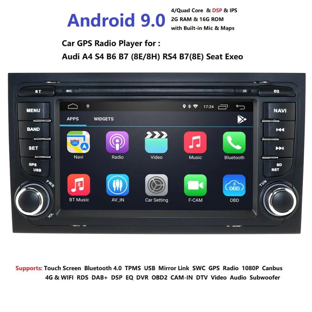 

DSP IPS Android 9.0 4G 64G CAR GPS For Audi A4 B6 B7 S4 B7 B6 RS4 B7 SEAT Exeo Navi player radio WIFI BT PC 1080p Dvr swc dab sd