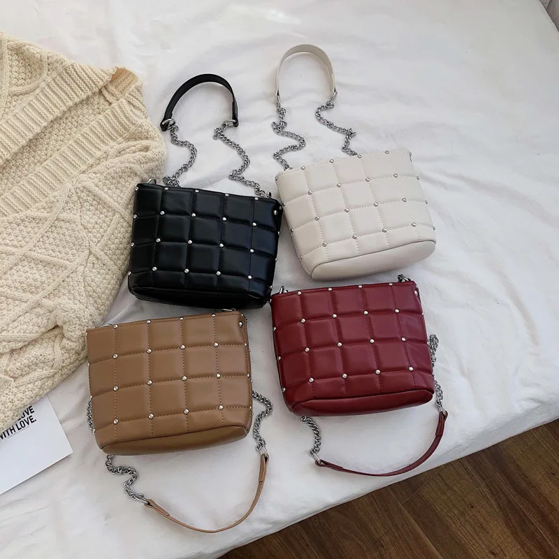 

INS New Arrival Pearl Bag with Chain Bags2019 New Style Versitile Fashion Plaid Embroidery Thread Crossbody Bag