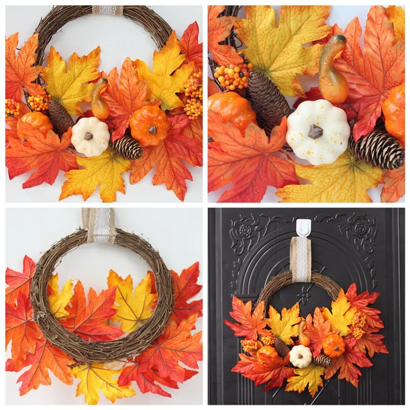 Fall Maple Leaves Pumpkin Wreath Artificial Garland For Front Door Holiday Halloween Fall Harvest Decor