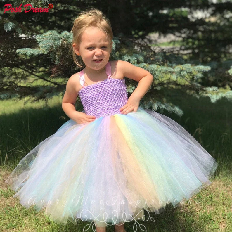 

POSH DREAM Rainbow Candy Children Birthday Party Tutu Dresses Tulle Lavender Prom School Party Kids Girls Clothes