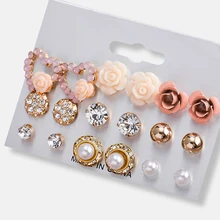 9 пар/компл. новые туфли с жемчугом, из сплава серебристый золотистый Цвет серьги наборы для Для женщин и девочек с милыми цветами, Кристальные, круглой формы свадебные украшения