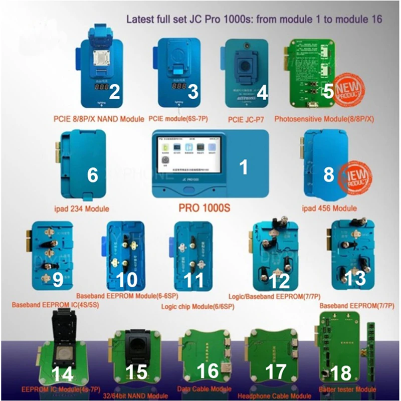 JC Pro1000S Многофункциональный PCIE NAND программатор HDD SN инструмент для чтения батарея линия данных для IPhone 8 8P X 7 7P 6 6S 6SP IPad 23456 - Цвет: 16 in 1 Full Set