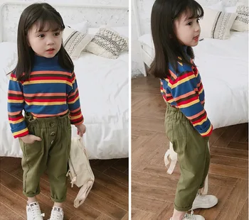 

2019 autumn and winter models girls striped half-high collar striped shirt plus trousers