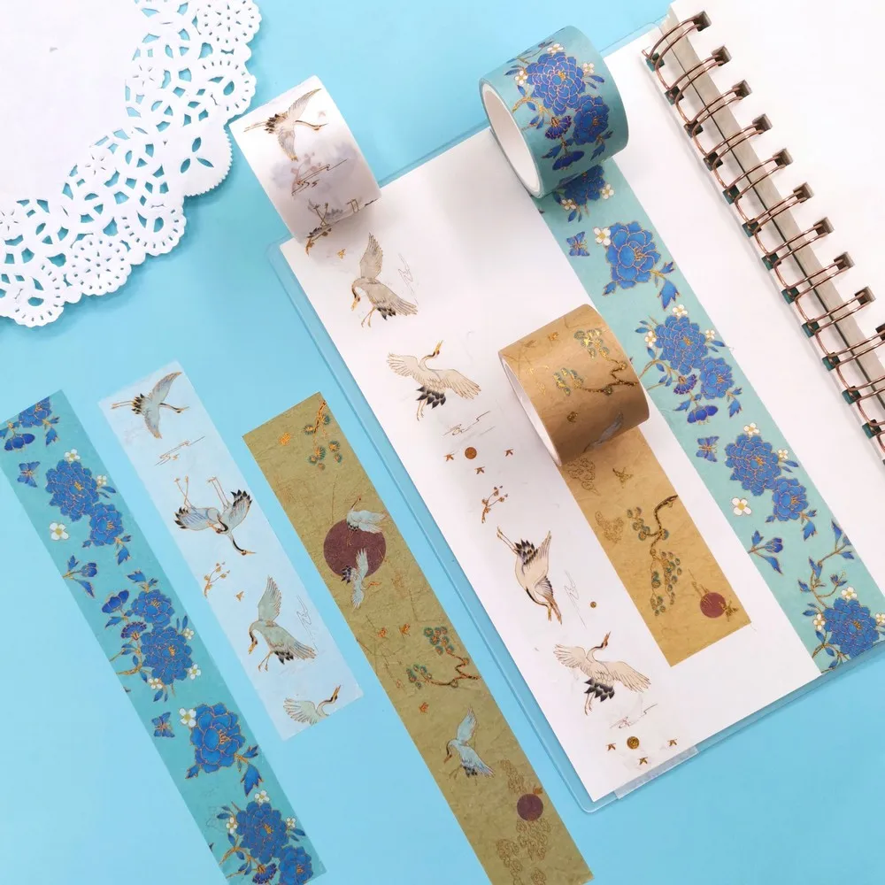 3pcs/set Golden Foil Washi Tape Cranes&ampPeony Flower traditional Chinese Adhesive Masking Sticker Scrapbooking Stationery | Канцтовары
