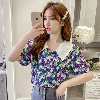 

COIGARSAM Fashion blouse women New Summer Patchwork Short Sleeve Chiffon Print Loose blusas womens tops and blouses 5102
