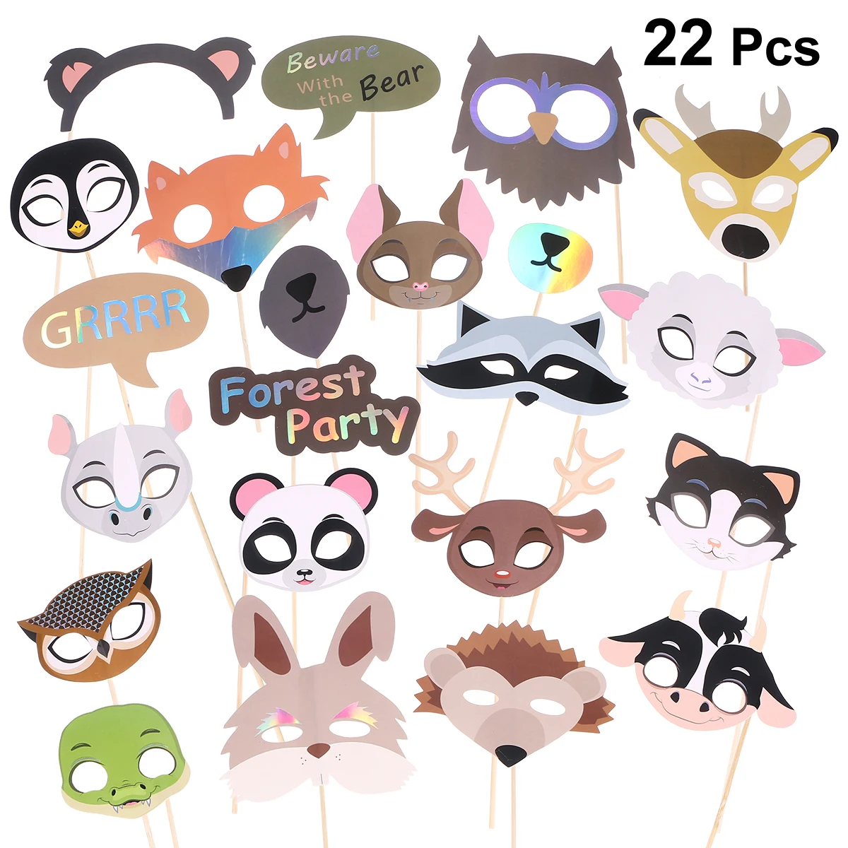 

22pcs Animal Mask Photo Props Cartoon Selfie Props Photobooth Kit Decorations Dress Up Accessories Kids Birthday Party Supplies
