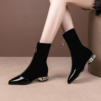 

Patchwork leather Ankle Boots poined Toe zippers Autumn Winter Women wedding Shoes crystal low quare Heel Short Boots Size34-43