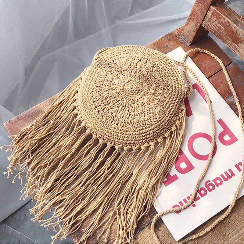 

Handmake Tassel Circle Straw Bags Summer Large Capacity Zipper Straw Shoulder Bag Rattan Crossbody Bags Female Casual Messenger