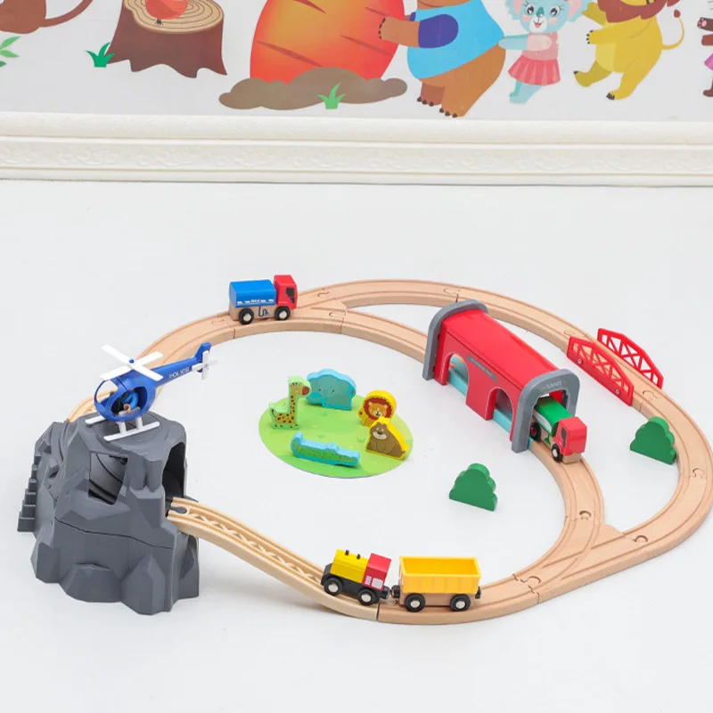

Wooden Train Track Set Railway Carwash Police Station Wood Road Toys Compatible With Biro and Various Train Fit For Thomas Track