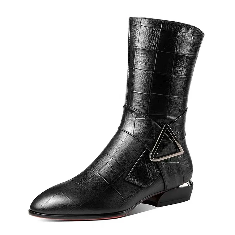 Classics Fashion Mid Calf Boots for Women Low Pointed Toe Autumn Boots Solid Square Heel Winter Ladies Shoes