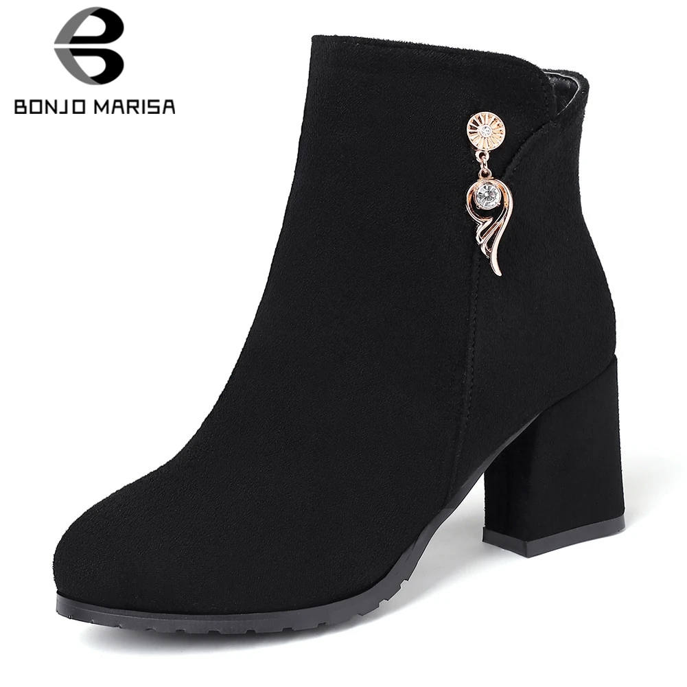 

BONJOMARISA New Dropship Large Size 31-43 Autumn Winter Elegant Shoes Woman Boots Thick Heels Zipper Concise Boots Women Shoes