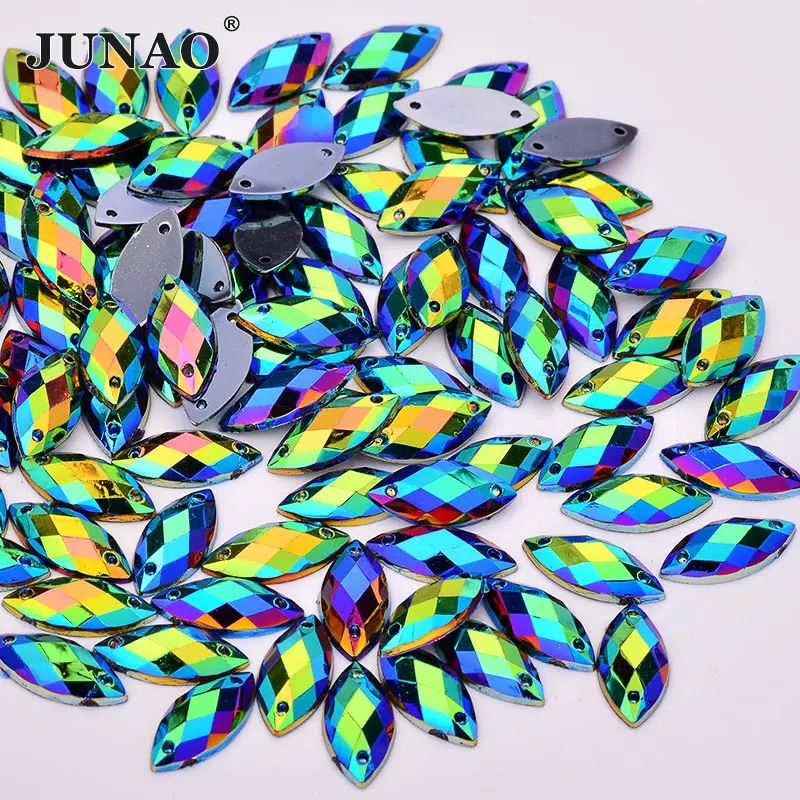 JUNAO 7*15mm 100Pc Sewing Crystal AB Rhinestone Flatback Acrylic Stones Applique Sew On Horse Eye Crystals Strass For Needlework images - 6