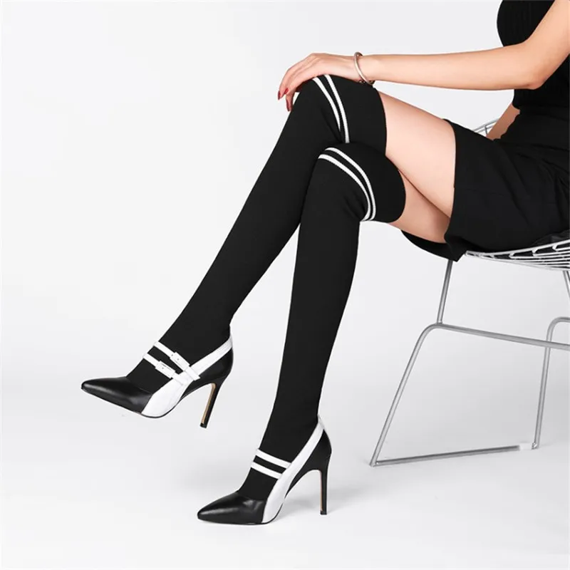 

2019 Real Leather Stretch White Boots Women Fall Pointed Toe Sock Thigh High Overknee Boots Black Buckle Patchwork Shoes Woman