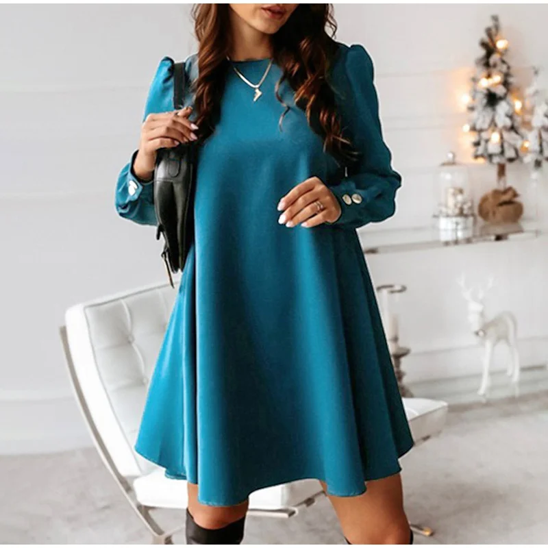 Женское мини-платье, плюс размер, ТРАПЕЦИЕВИДНОЕ, короткое, Vestidos, одноцветное, с круглым вырезом, с длинным рукавом, женские платья, металлические пуговицы, однобортный Топ