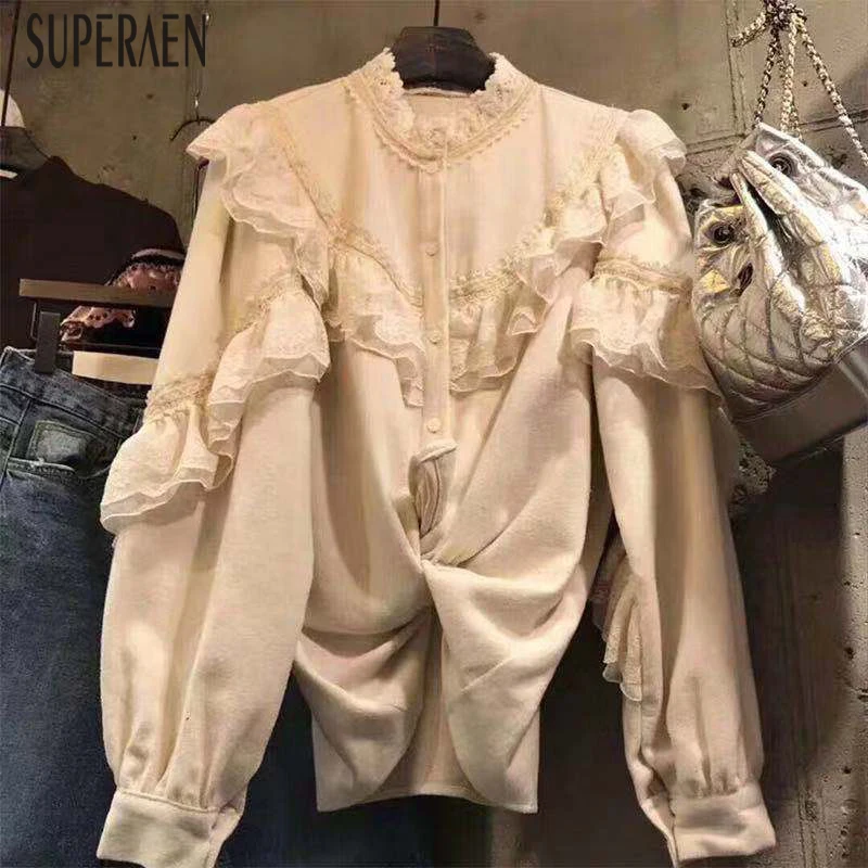 

SuperAen Korean Style Women Shirts 2019 Spring and Autumn New Ruffled Stitching Lace Blouses and Tops Stand Collar Women Clothes