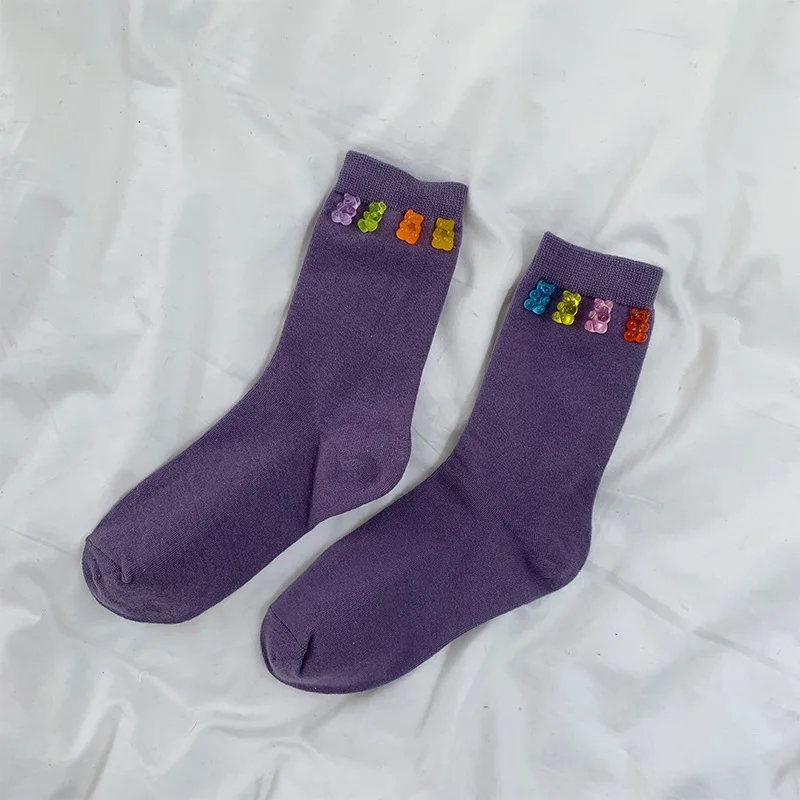light purple SP& CITY, модные однотонные женские носки, прозрачные, с украшением в виде медведя, милые высокие носки, Хлопковые гольфы, корейские носки - Цвет: light purple