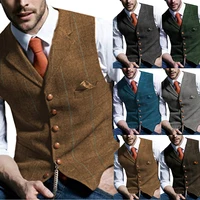 Brown Casual Gentleman Men's Army Green Vest Plaid Soft Wool Jacket Tweed Business Waistcoat For Wedding Best Man 1