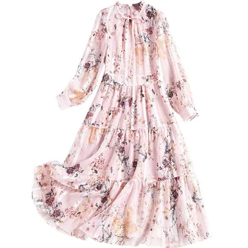 

2020 The New Spring Women Flower Pleated Dress Long Sleeve Fashion Elegant Ladies Casual Korean Party Chiffon Sexy Maxi Clothes