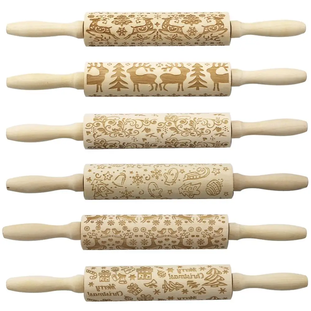 

Christmas Elk Printing Rolling Pin Laser Wood Laser Engraving Embossing Wood Stick Roller Making Cake Pie Kitchen Tools