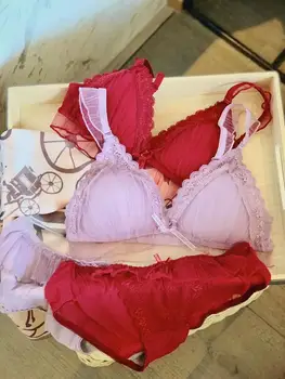 

Wriufred Triangle Cup Lace Bra Underwear Set Lace Thin Style Without Steel Ring AB Universal Cup Lingerie with Panties Suit