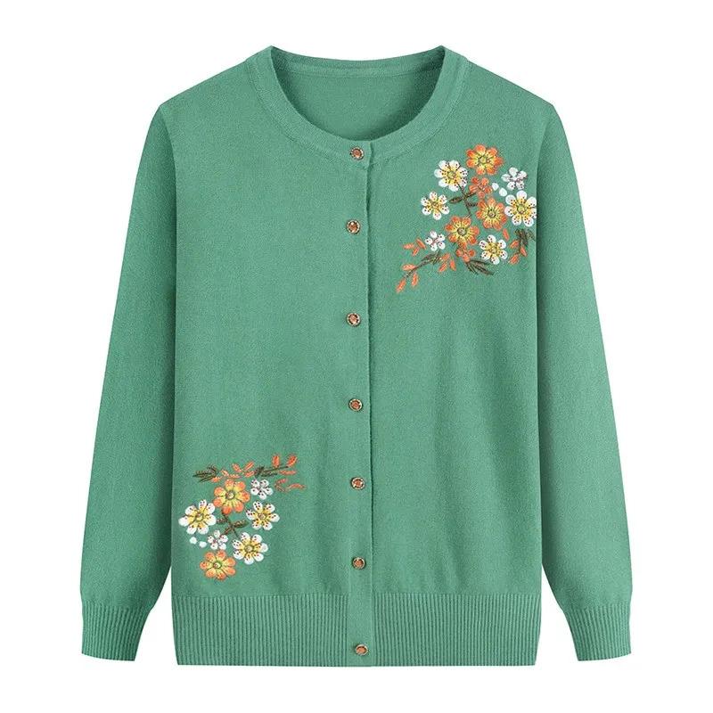 Fdfklak New Printed Embroidery Middle-Aged And Elderly Knit Cardigan ...
