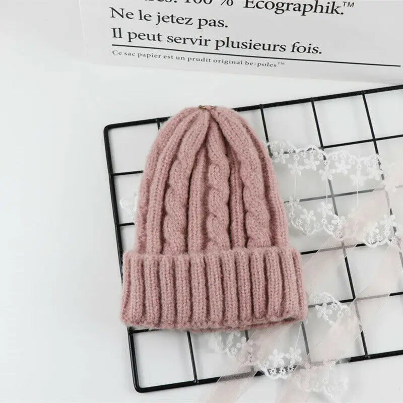 Beanies/зимняя детская шапка с помпоном; вязаная Милая шапочка для девочек и мальчиков; повседневные однотонные детские шапки для девочек - Цвет: Розовый