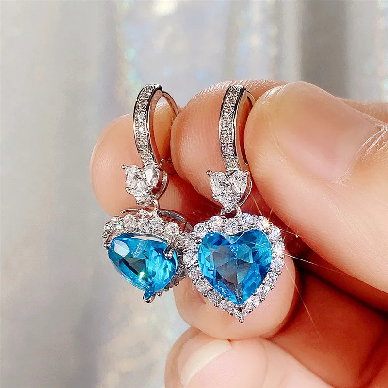 Mayfaith Heart Cubic Zirconia Earrings - Platinum Plated Studs, Hypoallergenic, Gift Boxed (Pink/Blue)