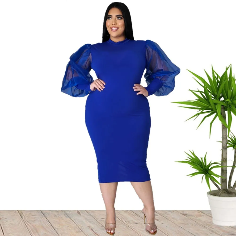 2022 Plus Size Clothing Women Spring New O Neck Slim Puff Sleeve Mid-length Dress Elegant Office Lady Work Wear Bodycon Dress