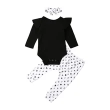 Детская одежда для новорожденных, комплекты из 3 предметов для маленьких девочек на осень Повседневное одежда, боди, комбинезон+ штаны+ повязки; одежда