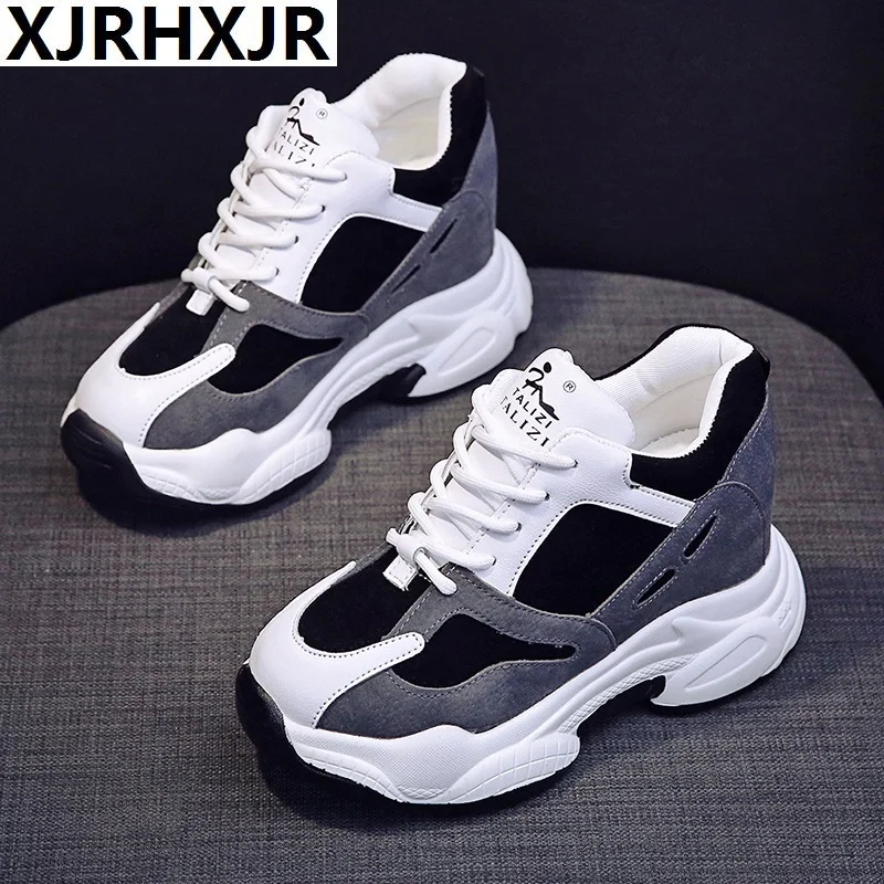 

2019 Women Sneakers Casual Platform Trainers White Shoes 8CM Heels Spring Wedges Thick Soled Woman Height Increasing Shoes