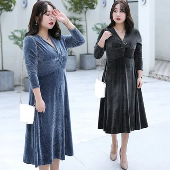 

Plus Size Dresses Women Spring Long Sleeve Black Elegant V neck Party Work Casual Vintage Dress Ladies Big Dress 4XL