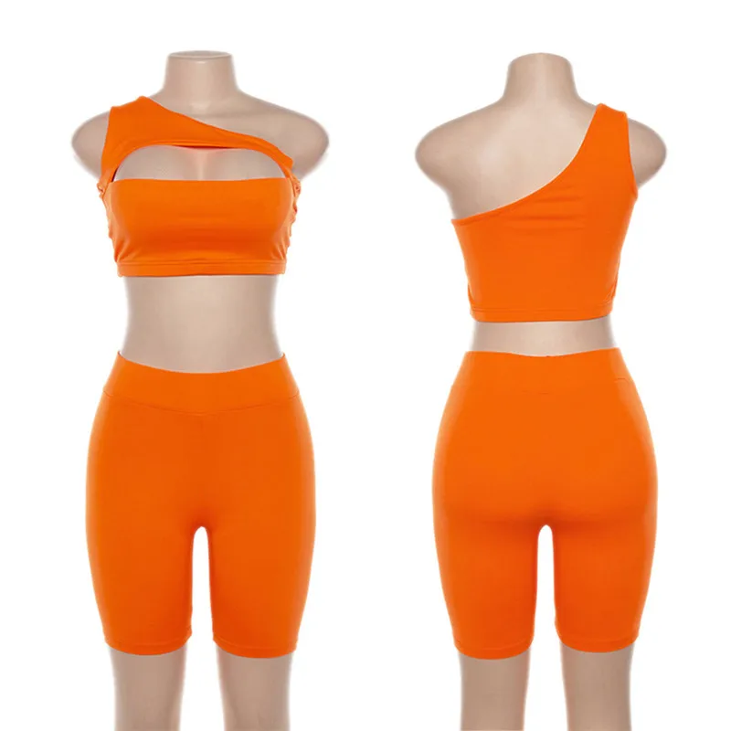 Sexy Women Neon Orange Two Piece Set One Shoulder Cut Out Crop Tops Elastic High Waist Shorts Sets Sporty Outwear 2021 champion shorts Shorts